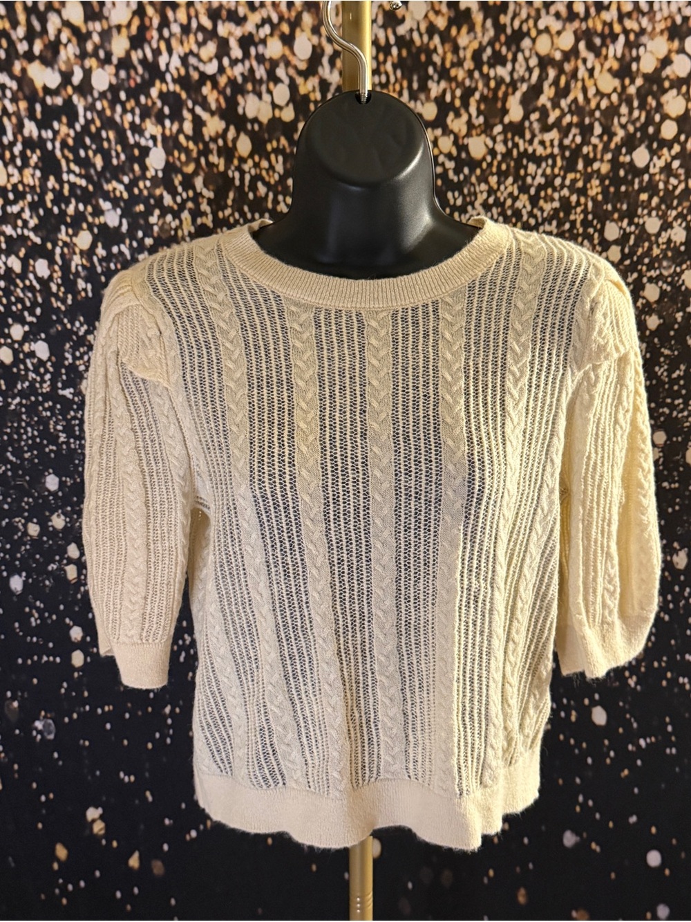 DKNY Cream Cable Knit Short Sleeve Crew Neck Sweater